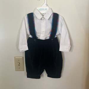 Vintage Baby Boy Velour Suspender and Shirt Set 12 mth
